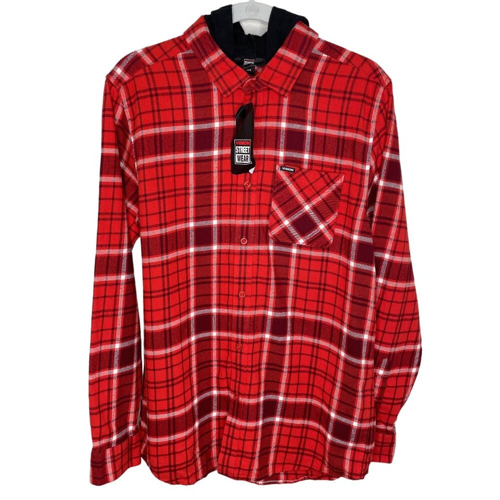 NWT Vision Street Wear Red Flannel Hooded Button Up, M